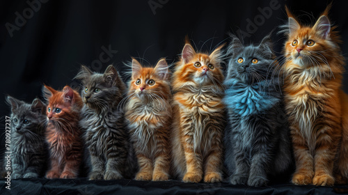  Multicolored kittens seated together against a black background