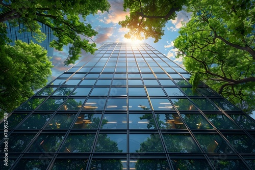 Reflecting ESG Sustainability: Glass Skyscraper and Green Trees in Urban Development. Concept Urban Development, ESG Sustainability, Glass Skyscraper, Green Trees, Environmental Impact #780927418