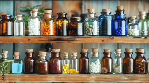 Wooden shelves stocked with various homeopathy bottles. Classic pharmacy setting. Concept of homeopathy, botanical pharmacy, holistic storage, timeless treatments, and therapeutic bottles.