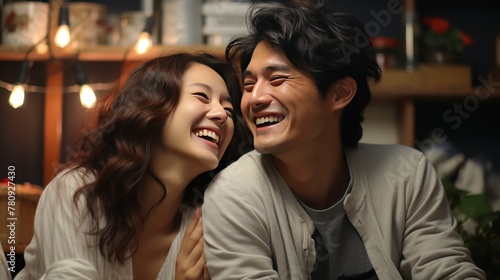 happy couple in a cozy setting with warm lights, smiling and enjoying each other's company