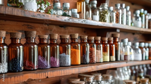 Variety of homeopathic remedies in glass bottles on a wooden shelf. Homeopathic pharmacy interior. Concept of alternative medicine, organic apothecary, herbal extracts, homeopathy