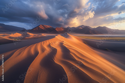 Majestic desert dunes under a dramatic sunset sky Generative AI image photo
