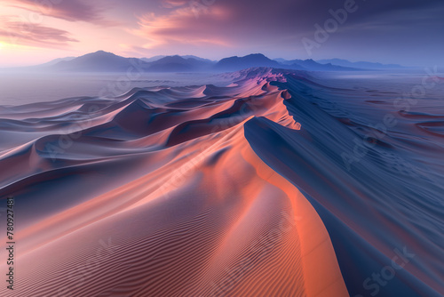 Majestic dunes at twilight with mountain backdrop Generative AI image photo