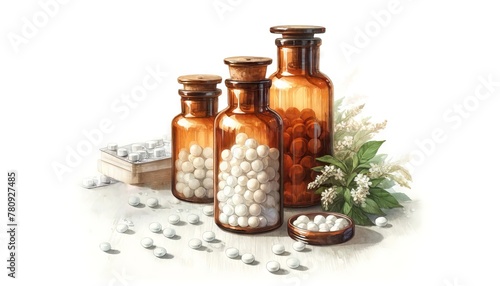 Digital art of Glass amber bottles with white homeopathic pills on white backdrop. Homeopathy medicine. Concept of alternative medicine, natural remedy, naturopathy, holistic healing, wellness.