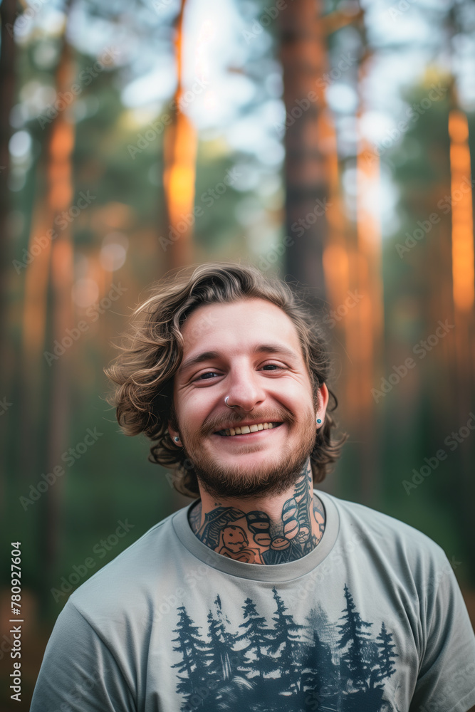 Smiling tattooed man in a sunlit forest. Generative AI image Smiling tattooed man in a sunlit forest. Generative AI image