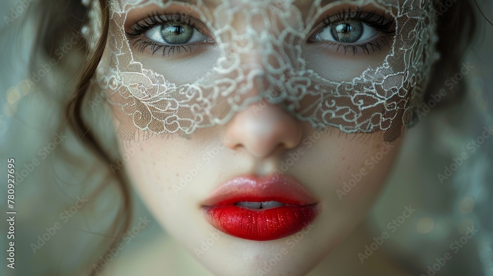 Red lips and lace mask cover the eyes of this beautiful woman.