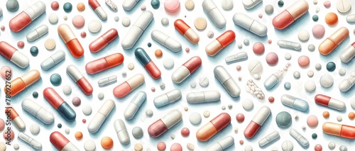 Digital art of Pharmaceutical capsules and pills on a white background. Homeopathic tablets. Concept of pharmaceuticals, homeopathy, alternative medicine, and health supplements. Banner