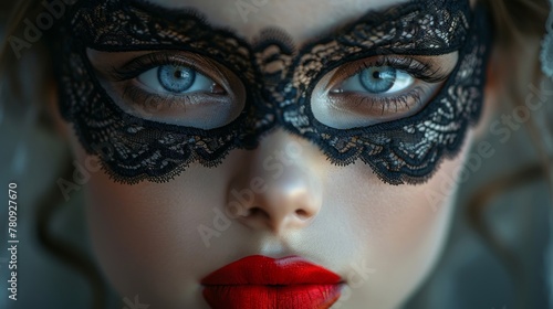 She wears a lace mask over her eyes and has red lips.