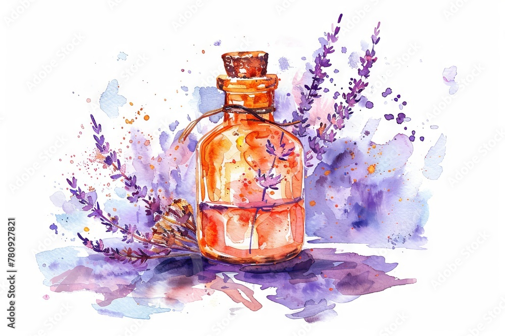 Watercolor illustration of lavender essential oil. Transparent glass bottle with lavender flowers. Concept of natural aromatherapy, botanical illustration, relaxation essence, and organic beauty. Watercolor illustration of lavender essential oil. Transparent glass bottle with lavender flowers. Concept of natural aromatherapy, botanical illustration, relaxation essence, and organic beauty.
