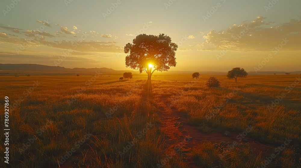   A solitary tree marks the sunset in an open field, framed by a dirt path in the foreground - obrazy, fototapety, plakaty 