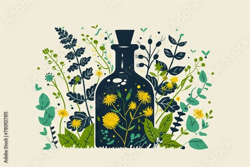 Medicinal plants encircling an amber bottle. Vintage illustration of an apothecary bottle with herbs. Concept of old-world pharmacy, natural healing, plant identification, and herbalist's bottle.