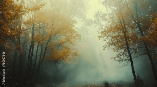 Enchanting Autumn Fog Shrouded Forest Landscape with Winding Path