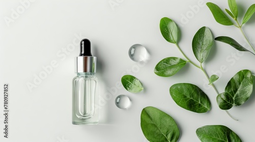 Glass bottle with dropper and essential oil among fresh green leaves. Concept of herbal cosmetics, eco-friendly beauty, natural skincare, plant-based ingredients, and wellness. Top view. Copy space