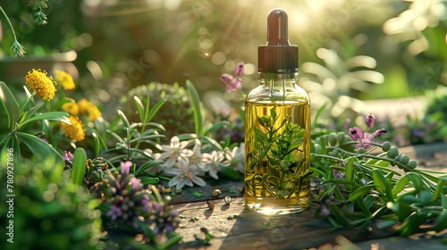Glass dropper bottle with golden essential oil, surrounded by variety of fresh homeopathic herbs on rustic wooden table. Herbal essence. Concept of aromatherapy, natural wellness, plant extracts.