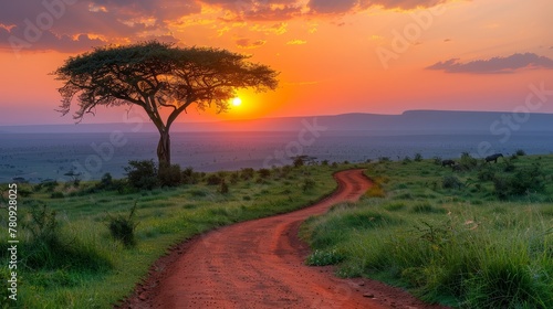  A dirt path intersecting a open field, lined with a solitary tree, and backdrop of a sunset
