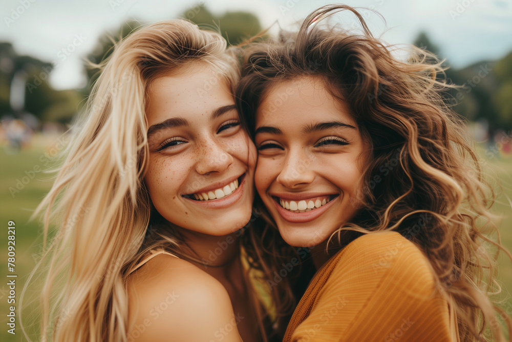 Two Young Women Hugging in Front of Tree Two Young Women Hugging in Front of Tree