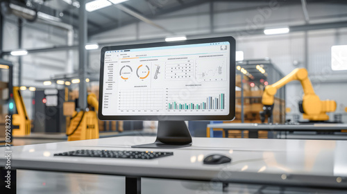  Mockup of modern monitoring with AI control on several desktop computers In the background is a modern 4.0 factory environment with robot arms and assembly lines