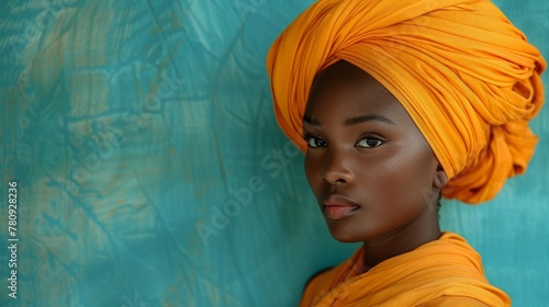 The beautiful South African woman in profile wears a yellow scarf wrapped around her head in traditional style. © Diana
