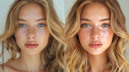The before and after pictures show a beautiful young woman with long blond curly hair wearing natural make-up touching her face on a white background. photo
