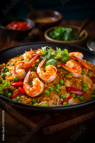 Shrimp Fried Rice with peas and red bell pepper. Vertical, close-up, side view.