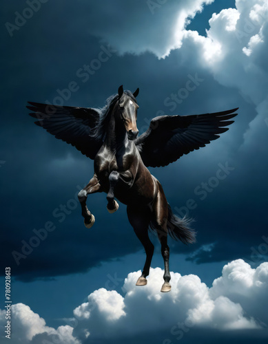 Image of the magnificent Greek mythological divine winged horse named Pegasus flying in the clouds