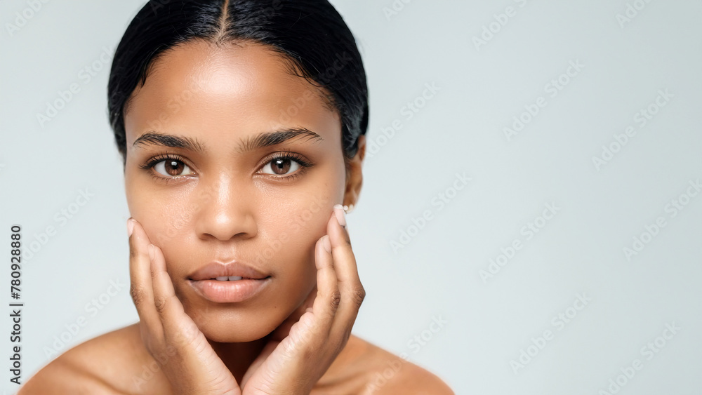 Portrait Close-up Picture of a Concerned and Caring African American Woman, Touch Her Face Skin with Fingers, Worried About Skincare and Stress. Open text or Copy area space for Advertisement Caption. Portrait Close-up Picture of a Concerned and Caring African American Woman, Touch Her Face Skin with Fingers, Worried About Skincare and Stress. Open text or Copy area space for Advertisement Caption.