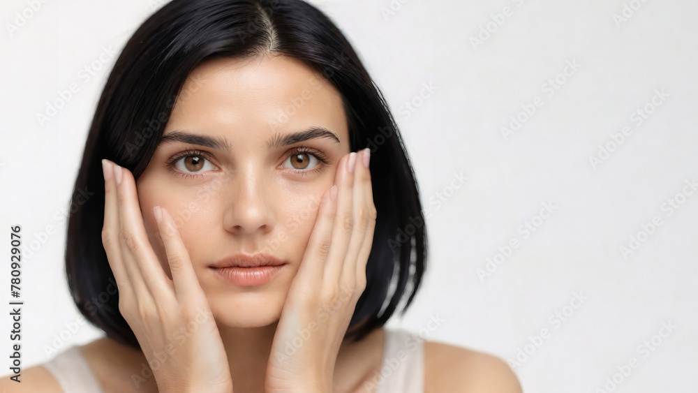 Portrait Close-up Picture of a Concerned and Caring White European Woman, Touch Her Face Skin with Fingers, Worried About Skincare and Stress. Open text or Copy area space for Advertisement Caption. Portrait Close-up Picture of a Concerned and Caring White European Woman, Touch Her Face Skin with Fingers, Worried About Skincare and Stress. Open text or Copy area space for Advertisement Caption.