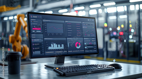  Mockup of modern monitoring with AI control on several desktop computers In the background is a modern 4.0 factory environment with robot arms and assembly lines
