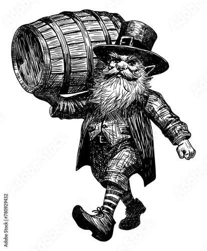 bearded man carrying large wooden barrel on shoulder isolated hand drawn sketch card design element line art detailed vector illustration