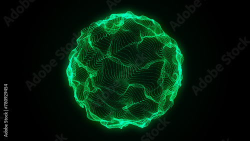 Abstract green sphere with connecting dots. Wireframe technology sphere of particles. Big data visualization. 3d rendering.