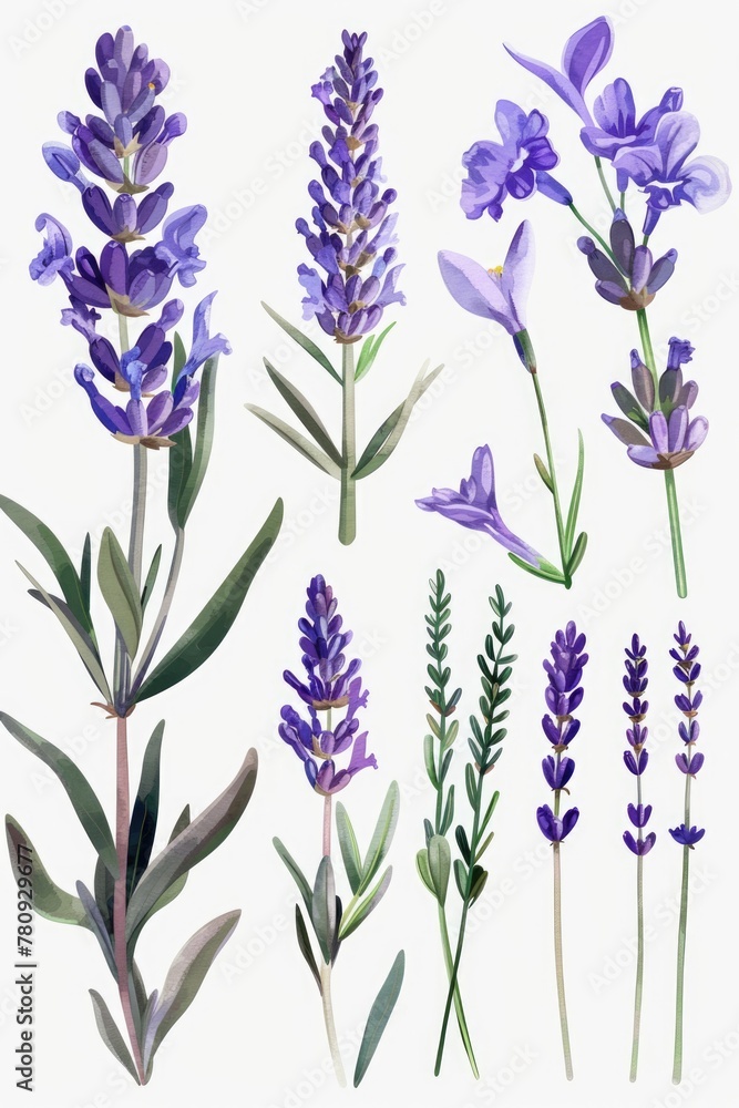 Fototapeta premium A painting of beautiful lavender flowers on a plain white background. Perfect for adding a touch of nature to any design project
