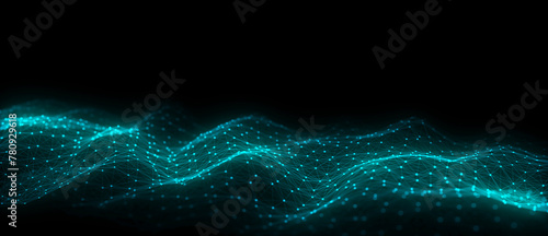 Blue wave of particles and lines. Big data visualization. Abstract background with a dynamic wave. 3d rendering. © Oleksii