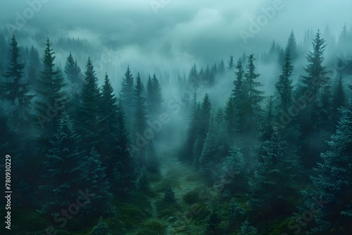 Misty Vintage Forest: Pine Trees and Cloudy Atmosphere. Concept Forest Photography, Vintage Aesthetic, Misty Atmosphere, Pine Trees, Cloudy Sky