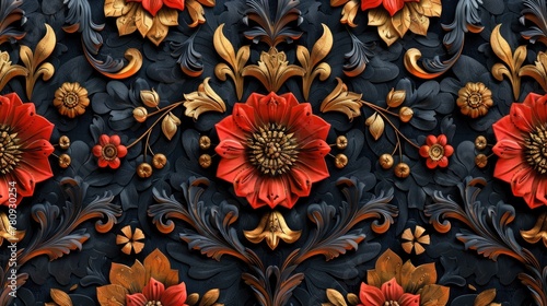 Luxurious Red and Gold Floral Damask Seamless Pattern for Textiles and Wallpapers