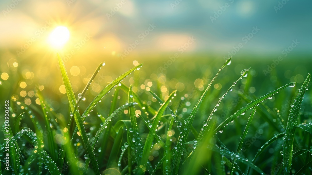 A close-up of fresh green spring grass with dew drops. Sun. Soft focus. Abstract nature background.