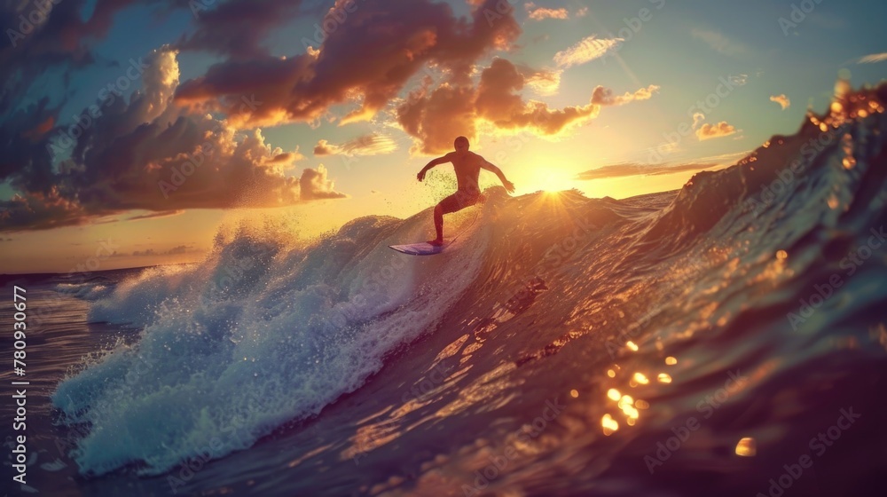 A man riding a wave on top of a surfboard. Suitable for sports and summer lifestyle concepts