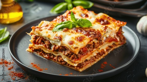 A mouth-watering piece of lasagna on a sleek black plate. Perfect for food blogs and restaurant menus