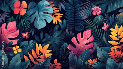 Lush and Vibrant Tropical Foliage Backdrop with Colorful Floral Patterns and Designs