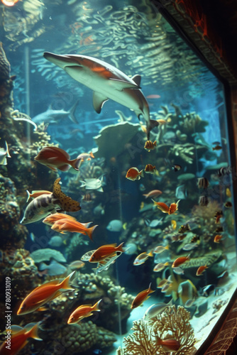 A sizable aquarium filled with a diverse array of fish species swimming amidst vibrant corals and underwater plants photo