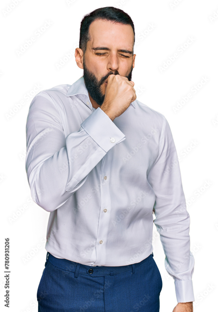 Young man with beard wearing business shirt feeling unwell and coughing as symptom for cold or bronchitis. health care concept. Young man with beard wearing business shirt feeling unwell and coughing as symptom for cold or bronchitis. health care concept.