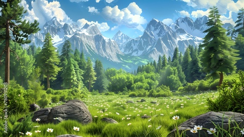 Fototapeta Naklejka Na Ścianę i Meble -  3d rendering of cartoon forest landscape with montains
