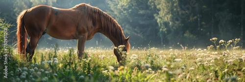 A horse peacefully grazing in a field filled with tall green grass on a sunny day