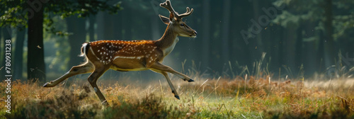 A deer sprints through a dense forest, its hooves kicking up dust as it weaves through the tall grass