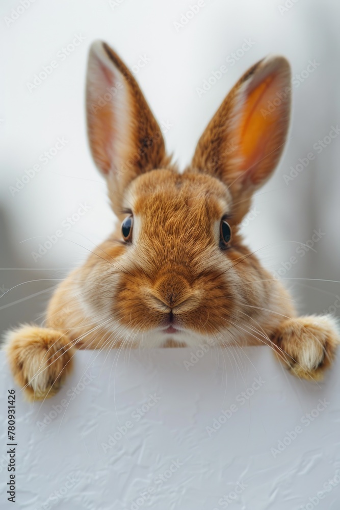 Obraz premium Cute brown rabbit peeking over a white sign. Perfect for advertising or nature concept