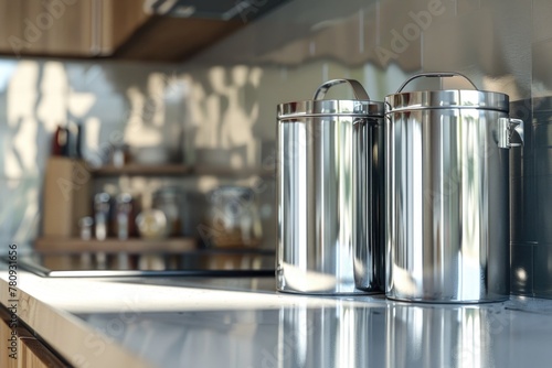 Two stainless steel canisters on kitchen counter, ideal for home decor websites