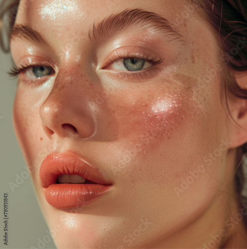 model with Dewy skin and rosy blush cheeks professional makeup in a fashion