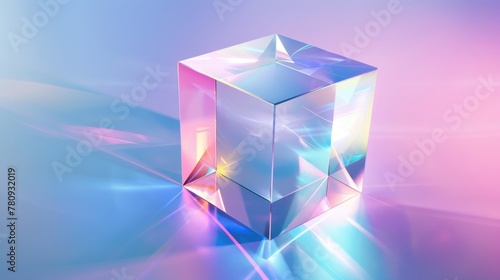 A crystal cube placed on a reflective surface. Suitable for business and technology concepts