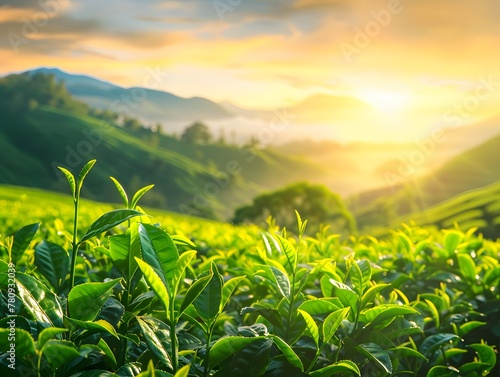 Green tea plantation at sunrise time nature background.