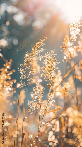 Yellow reeds swaying against the bright backlight background © Valentin