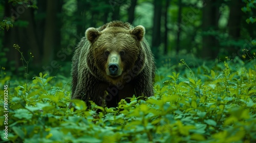  A large brown bear stands amidst a forest of tall green trees and lush plants, its blue nostrils visible
